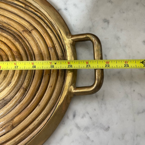 Mcm Italian pencil reed & brass oval serving tray, in style of Gabriella Crespi
